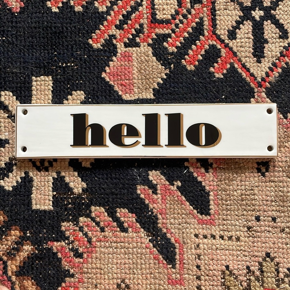 Brand New Porcelain HELLO Welcome Plaque Sign White Gold Rosanna Nordstrom